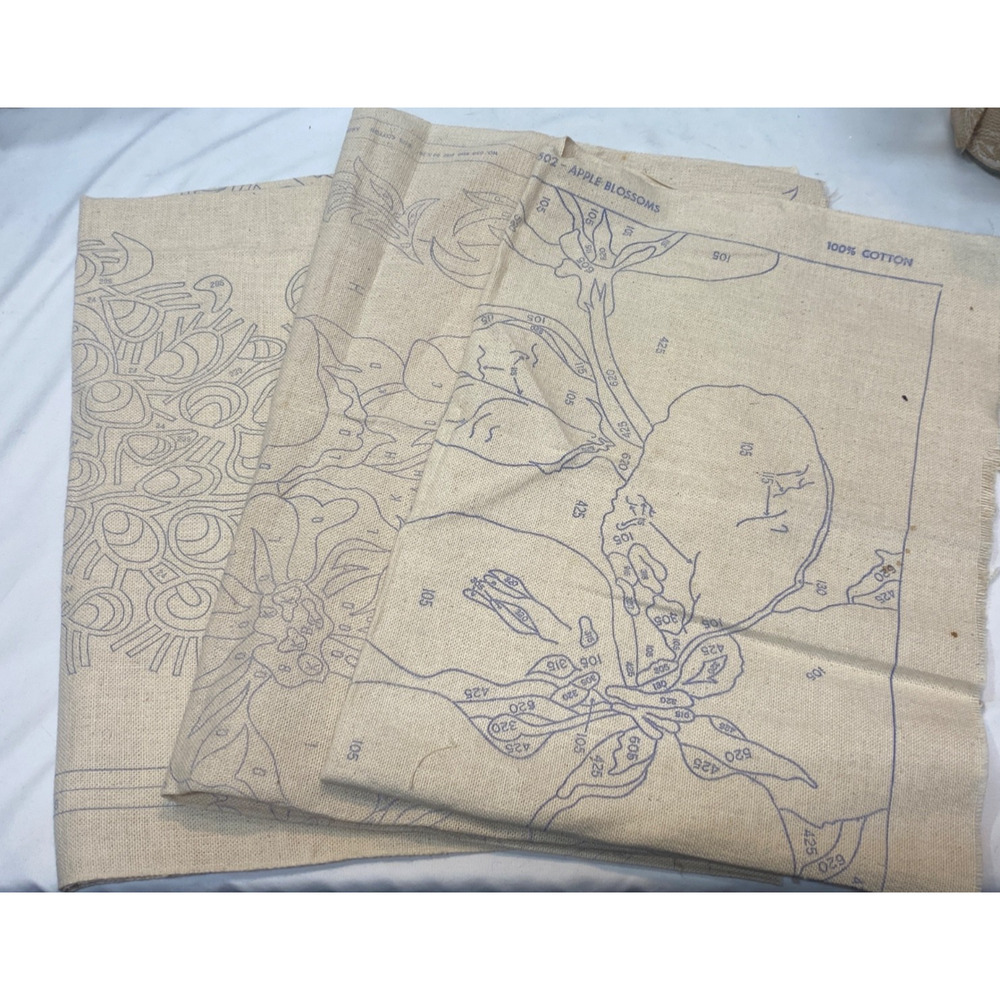 3 Vintage American Thread Company Stamped Cotton Burlap Rug Tufting